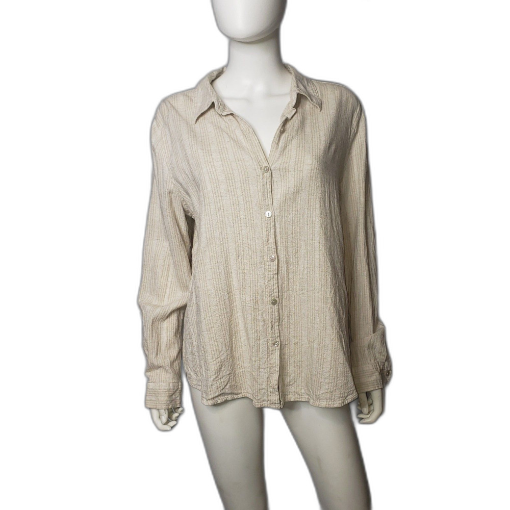 ORVIS Linen Blend Striped Long Sleeve Button Down Shirt Tan Womens Size Large